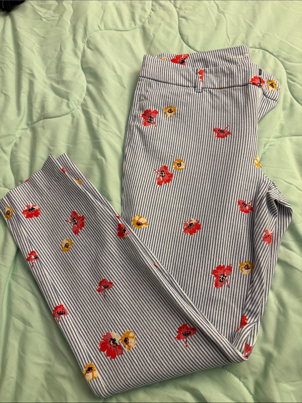 Old Navy Blue & White Striped Cropped Pants with Red & Yellow Floral Print